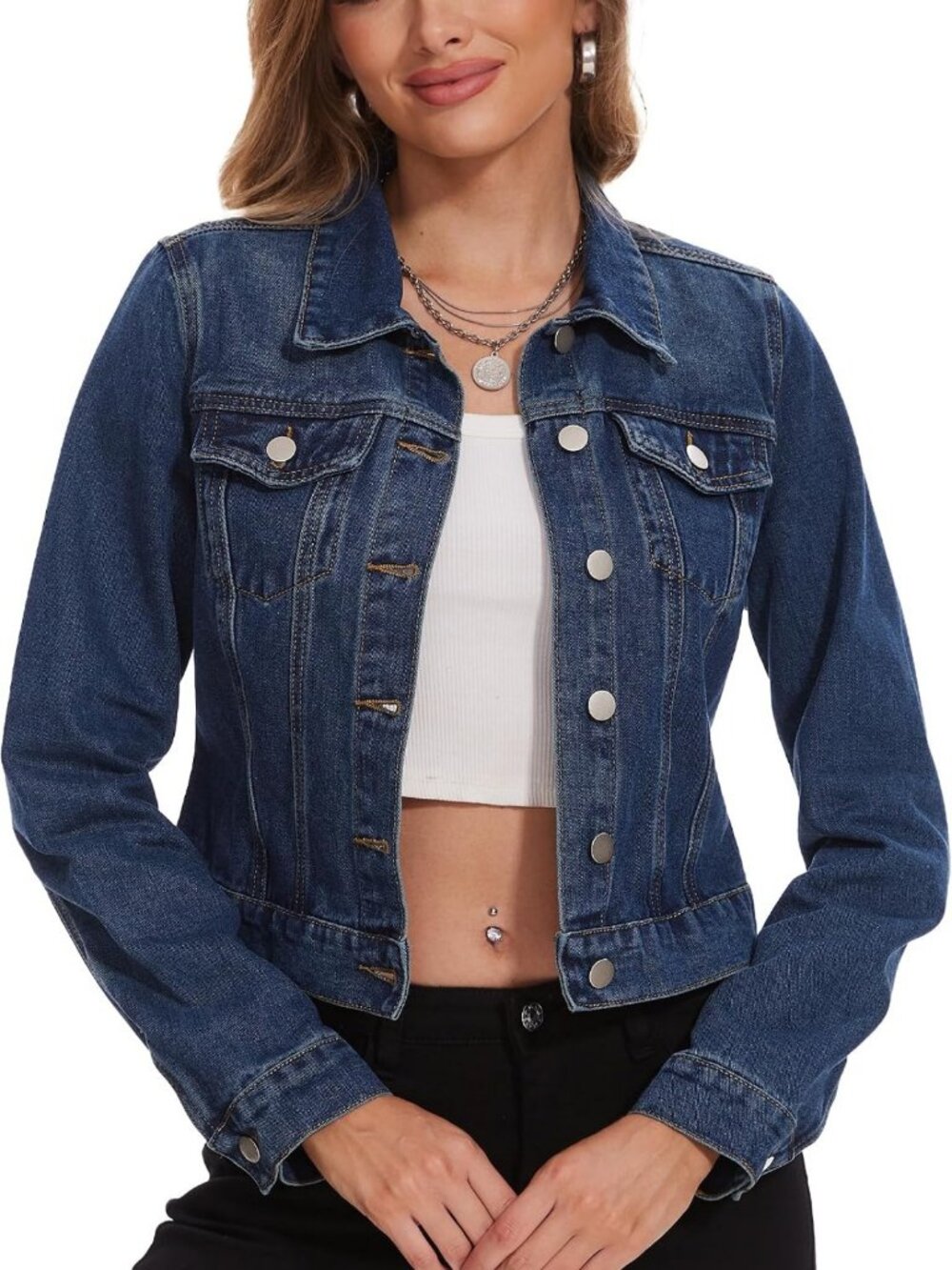 Cropped Denim Jacket for Women | Long Sleeve Button Down Jean Shacket with